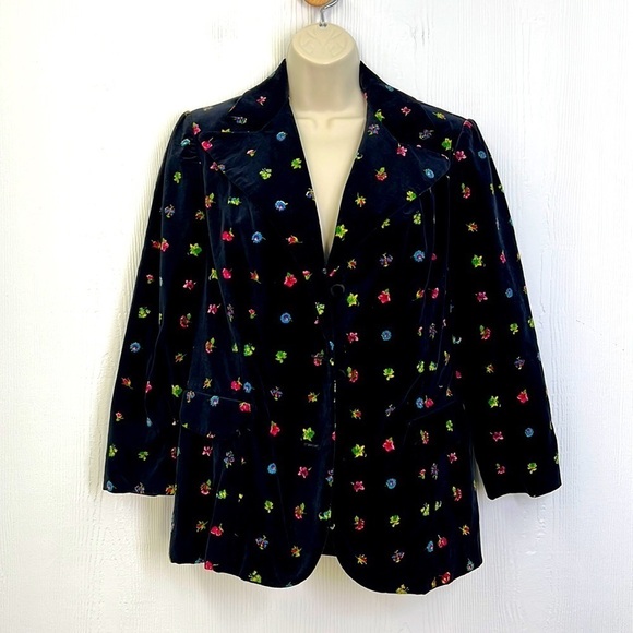 MR. Dino - Vintage Multicolor Floral Printed Black Velvet Blazer Size 12